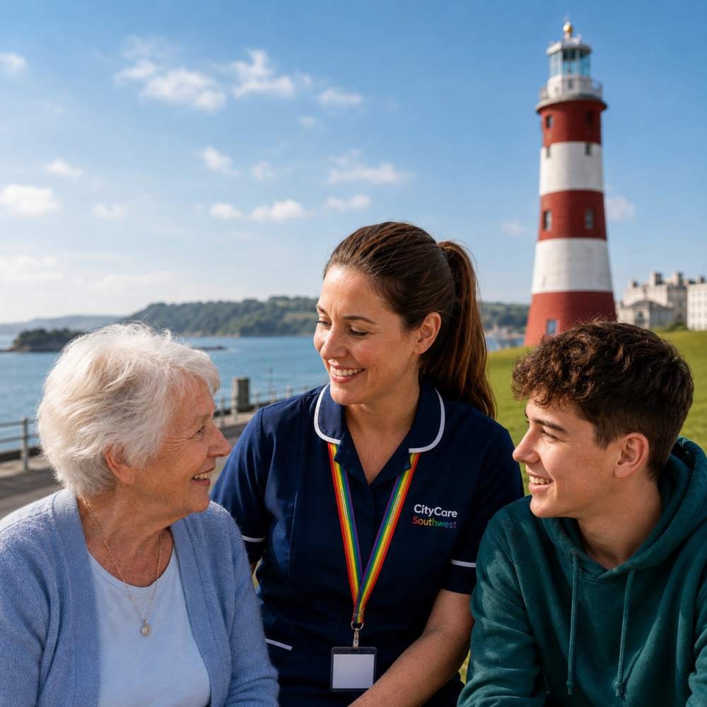 City Care Southwest support worker with older adult and young person in Plymouth